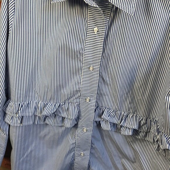 RIPE NEW Ruffle Striped Button Shirt Tunic Top Blouse Oversized Cotton Coastal M - Picture 6 of 16